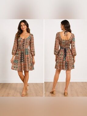 American Rag Boho Patchwork Mini Dress Long Sleeve Square Neck Smocked Back